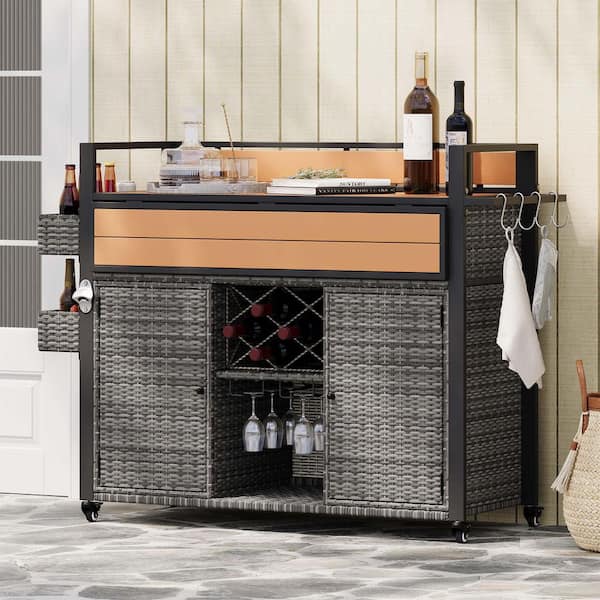 Grey Wicker Outdoor Serving Bars with Storage Cabinet
