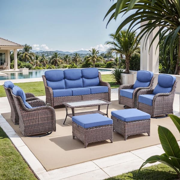 Bellefurn NovaSwivel Brown Wicker Patio Conversation Set Outdoor Seating Swivel Chair Set with 6 in. Thicked Blue Cushions