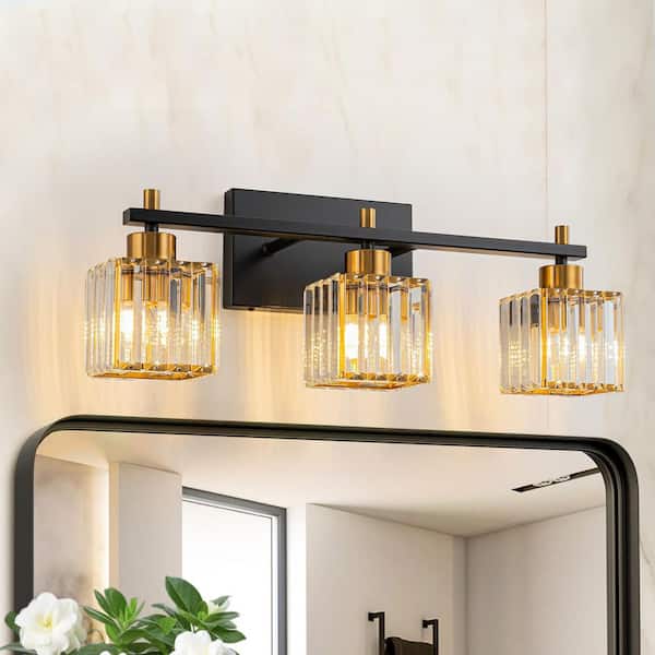 MENCOLULU 20.47 in. 3-Light Matte Black and Gold Linear Wall Vanity Light with Cube Crystal Shades for Bathroom