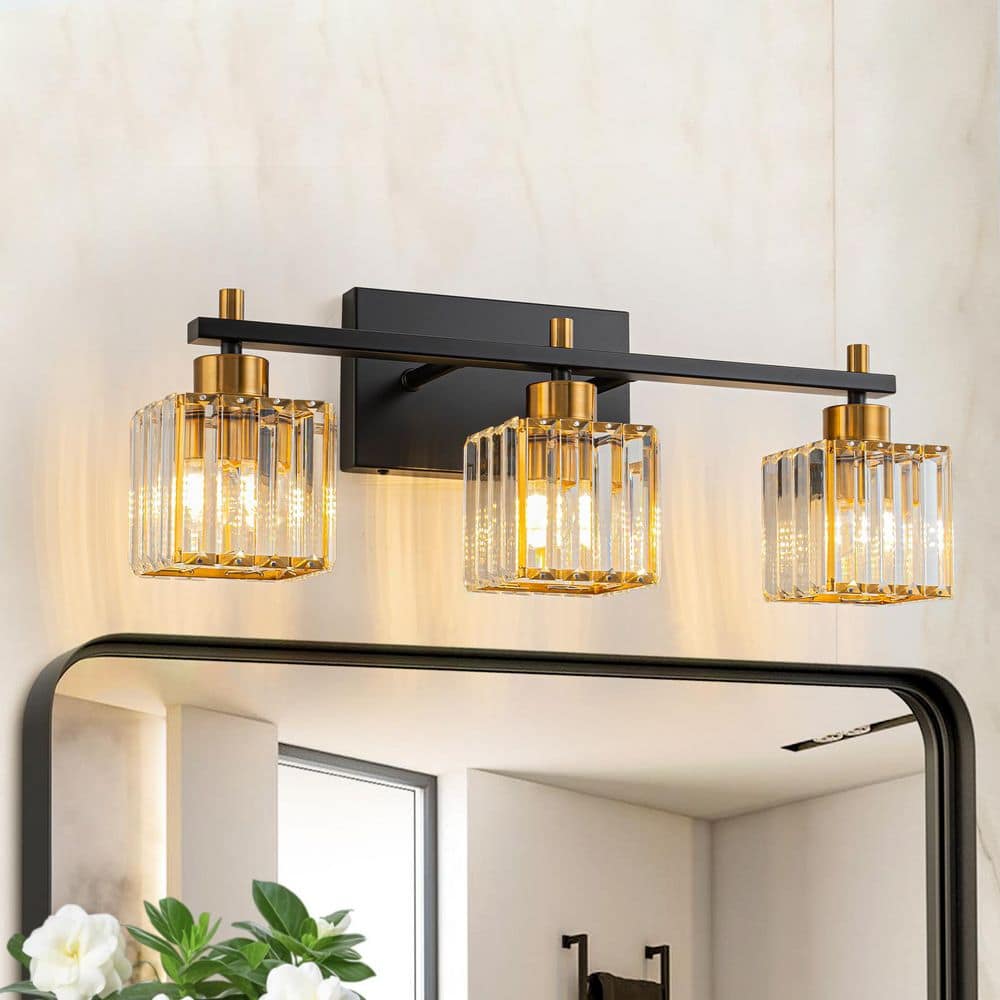 20.47 in. 3-Light Matte Black and Gold Linear Wall Vanity Light with Cube C