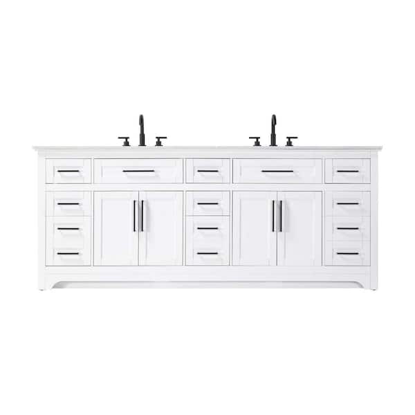 84 in. Double Sink Freestanding White Bath Vanity with Marble White Engineered Marble Top