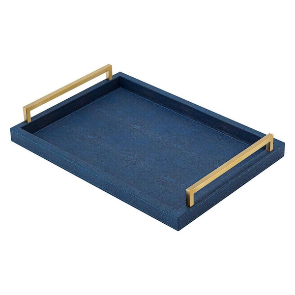 Unbranded Blue Faux Leather Serving Tray with Brushed Gold Handles (17 x 12 in.)