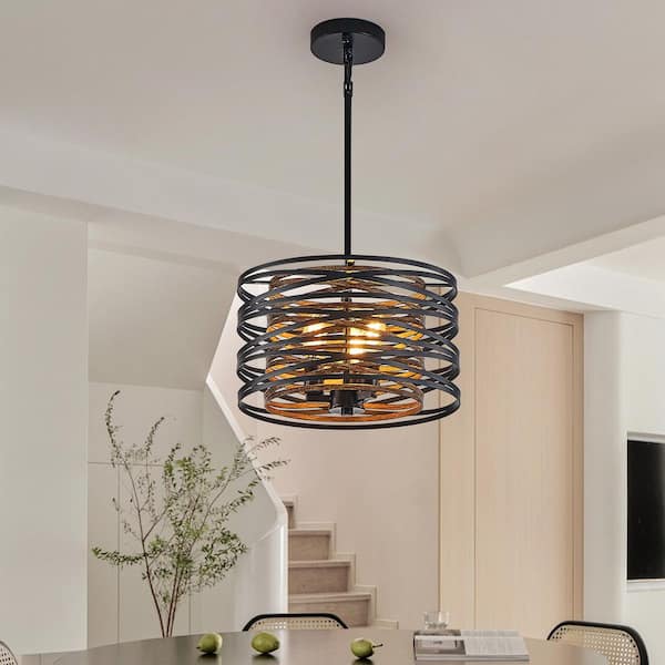 13 in. W 3-Light Rustic Pendant Light Industrial Chandelier for Island, E12, No Bulbs Included (Walnut+Black)