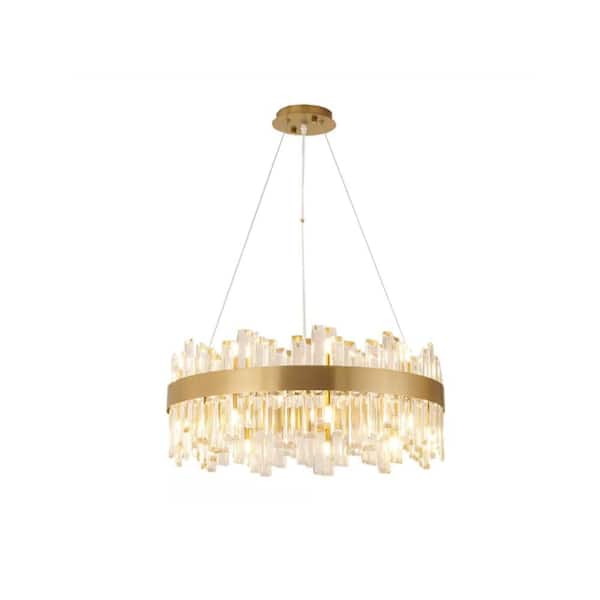 Modern 24 in. 18-Light Gold Crystal Chandelier, Round Brass Pendant Design, Adjustable Hanging Height