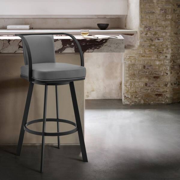 HomeRoots 30 in. Gray High Back Metal Bar Stool with Faux Leather Seat