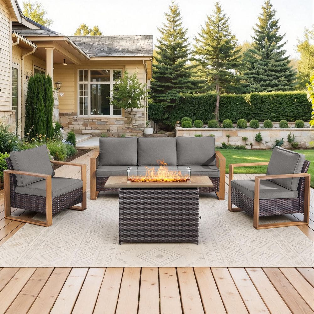 FanKan Brown 4-Piece Wicker Outdoor Glider Chair Patio Deep Seating with Rectangular Fire Table and Gray Cushions price history on PriceWatchPro