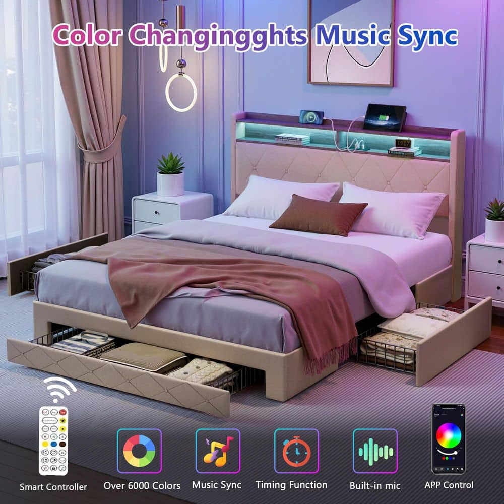 Storage Bed Beige Metal Frame Queen Platform Bed with Power Station, USB Ports and Storage Shelf Headboard, Drawers - thumbnail 5