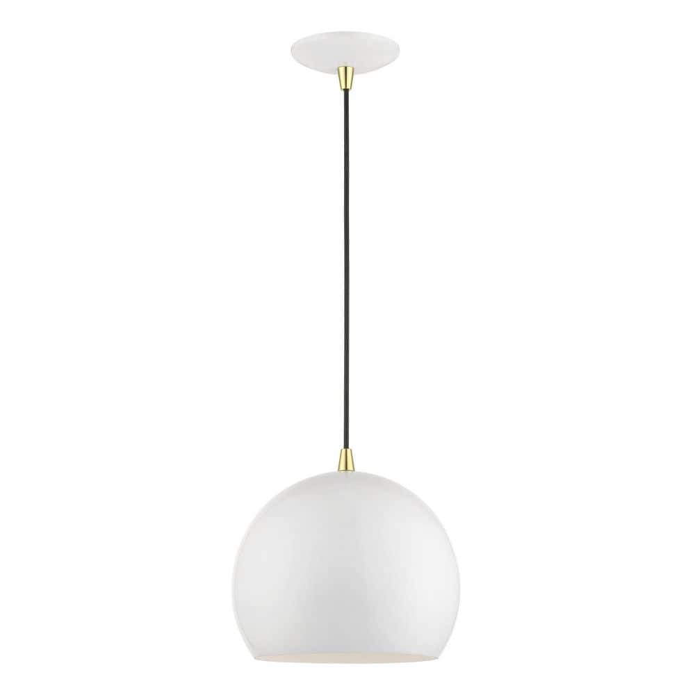 Mini Shiny White Aluminum Globe Pendant with Polished Brass Accents