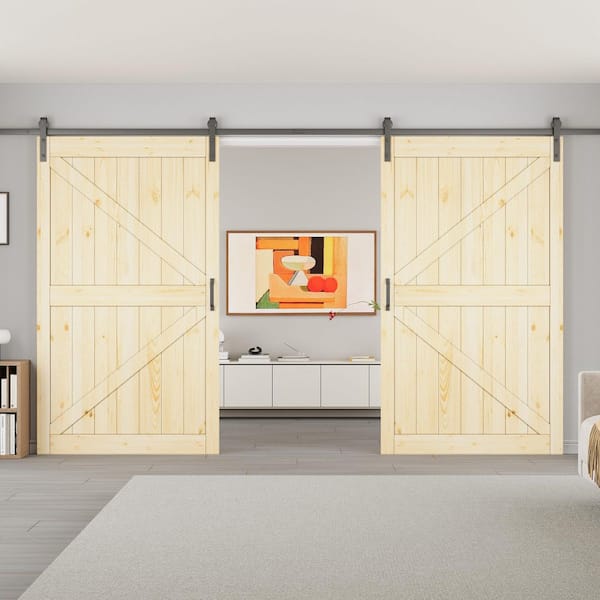 ARK DESIGN 96 in. x 84 in. K-Shape Solid Core Pine Wood Unfinished Sliding Barn Door Slab with Hardware Kit and Soft Close