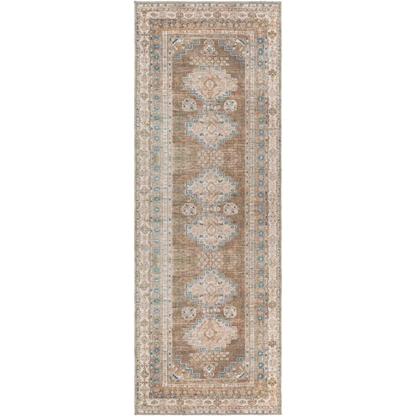 Livabliss Churchill Brown/Navy 3 ft. x 10 ft. Indoor Machine-Washable Area Rug