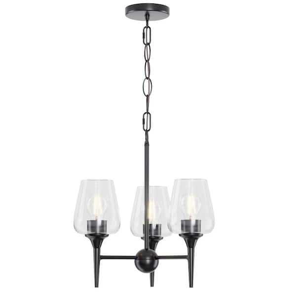 PUDO 16 in. 3-Light Black Wine Glass Chandelier with Adjustable Height for Bedrooms or Indoor Room