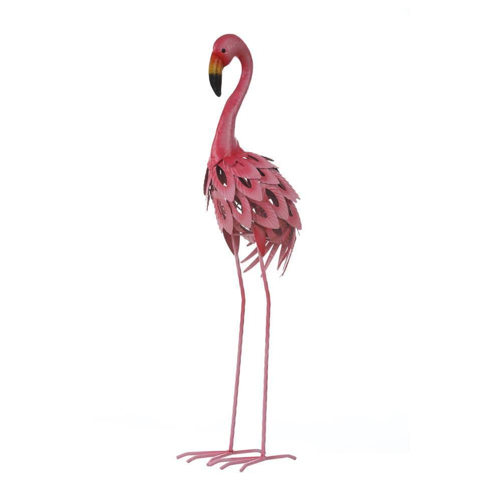 34-Inch Pink Metal Flamingo Garden Statue with Solar Lights