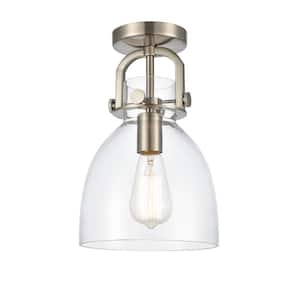 Newton Bell 8 in. 1-Light Brushed Satin Nickel Flush Mount with Clear Glass Shade