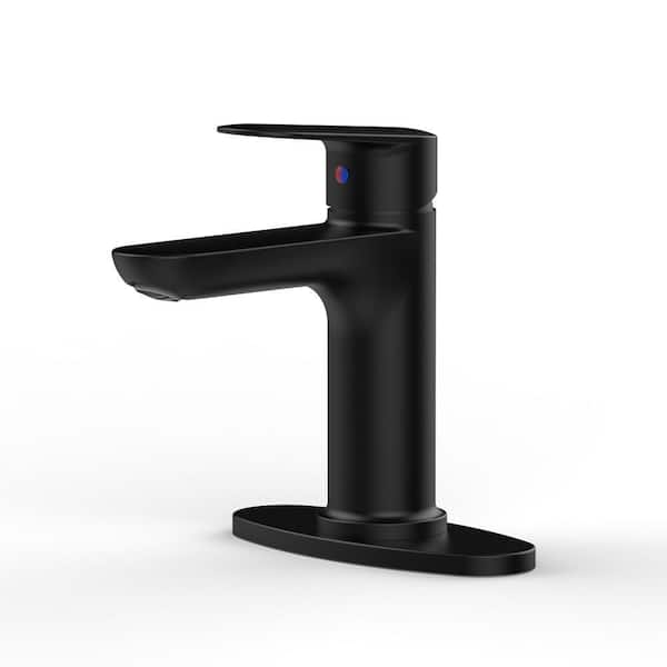 Handle Single Hole Bathroom Faucet with 4 in. Deck Plate, 1.5 GPM and Water-Saving Aerator in Matte Black
