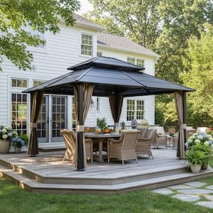 12 ft. x 14 ft. Outdoor Hardtop Gazebo Double Galvanized Steel Roof with Curtains for Garden, Patio, Lawns