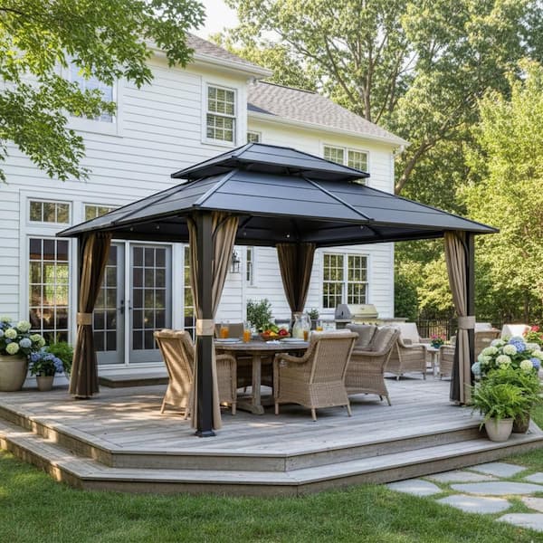 12 ft. x 14 ft. Outdoor Hardtop Gazebo Double Galvanized Steel Roof with Curtains for Garden, Patio, Lawns