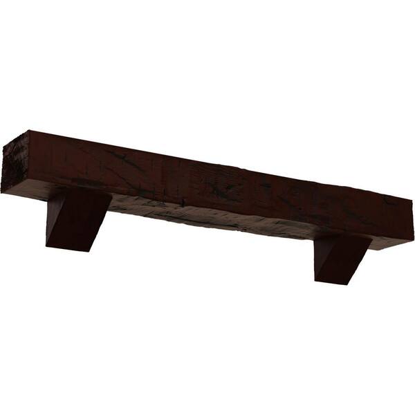Ekena Millwork 4 in. x 4 in. x 3 ft. Hand Hewn Faux Wood Fireplace Mantel Kit, Breckinridge Corbels, Natural Pecan