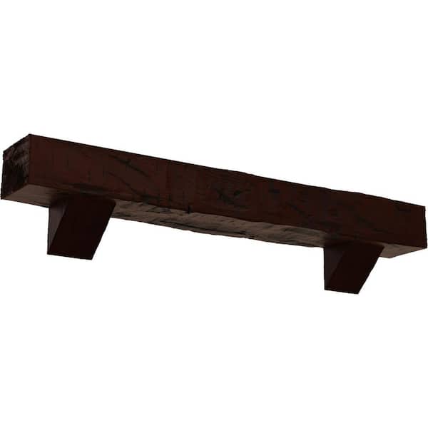 Ekena Millwork 6 in. x 6 in. x 3 ft. Hand Hewn Faux Wood Fireplace Mantel Kit with Breckinridge Corbels, Natural Pecan