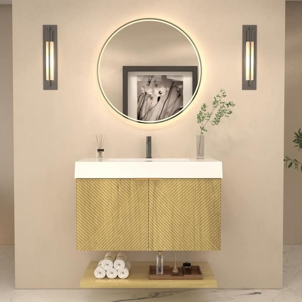 Stella 35 in. W x 20 in. D x 22 in. H Single Sink Teak Oak Bath Vanity with White Acrylic Top Floating Lower Shelf