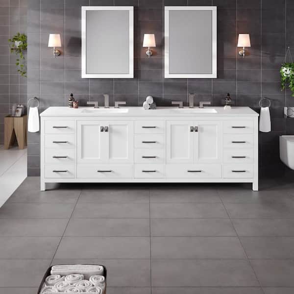 Aberdeen 96 in. Double Sink White Bath Vanity with White Carrara Quartz Top (Assembled)