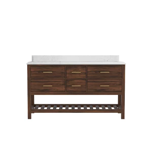 Willow Collections Parker Teak 60 in. W x 22 in. D x 36 in. H Double Sink Bath Vanity in Dark Walnut with 1.5 in. Empira White Qt. Top