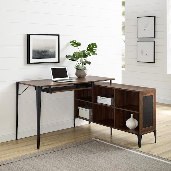 L Shaped Dark Walnut Computer Desks, Solid Wood Corner Computer Desk With Keyboard Tray
