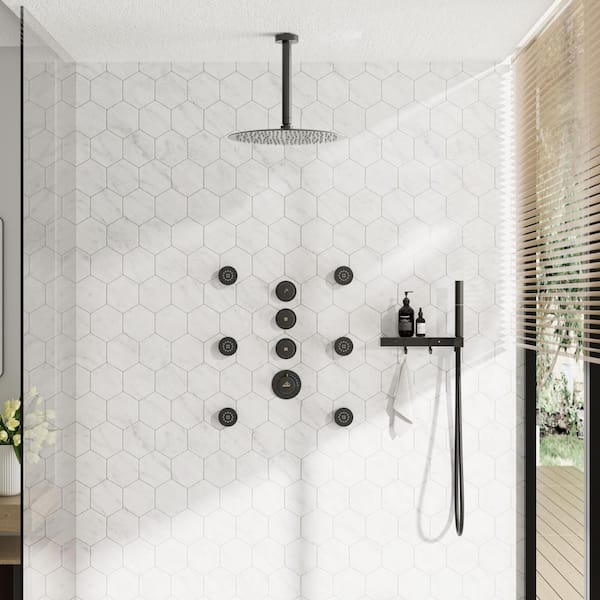 3-Spray Patterns 12 in. Round Ceiling Mounted Fixed and Handheld Shower Head 1.8 GPM in Matte Black