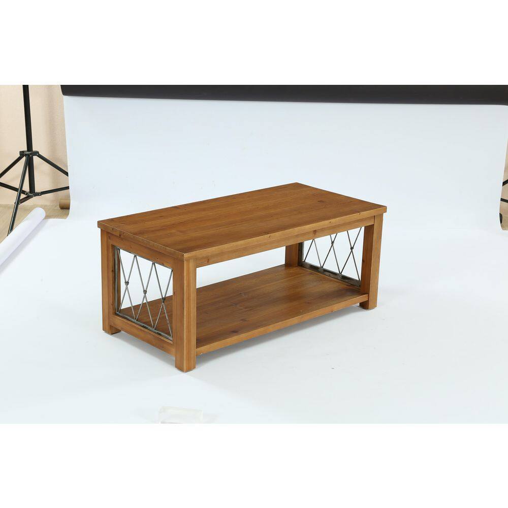 47 in. Brown Rectangle Solid Wood Coffee Table with Storage and Metal fence, 2-Tier Center Table for Living Room, Lounge