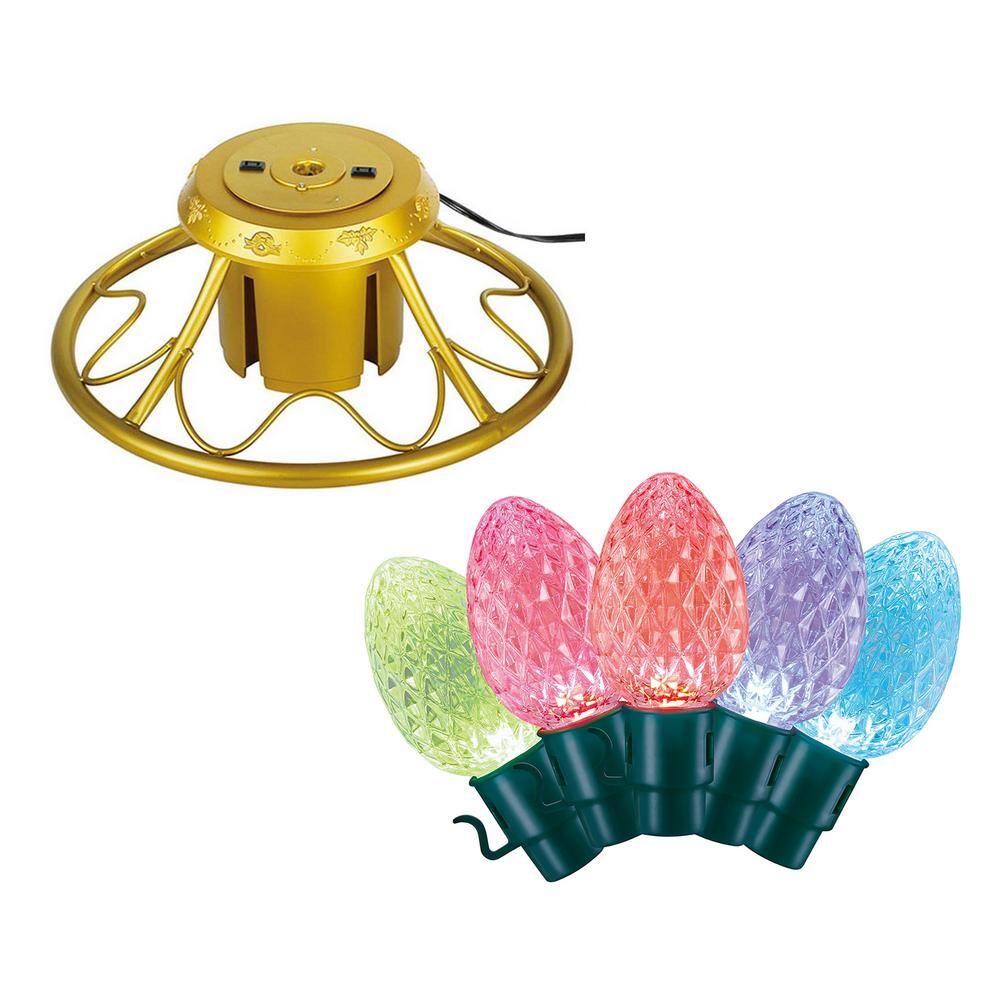 Home Heritage Gold Metal Rotating Christmas Tree Stand w/Twinkly App Controlled RGB Lights