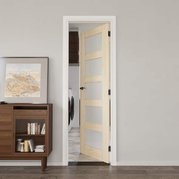 24 in. x 80 in. Unfinished Solid Core Pine Wood 5-Lite Tempered Frosted Glass Interior Door Slab