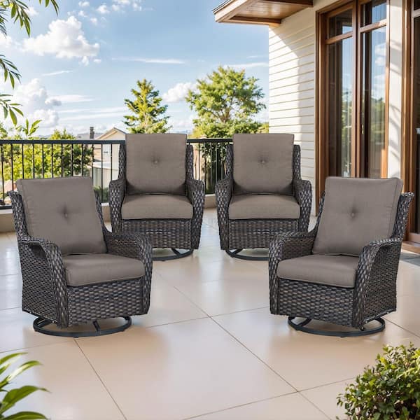 4-Piece Set Outdoor Swivel Brown Wicker Outdoor Rocking Chair with CushionGuard Gray Cushions