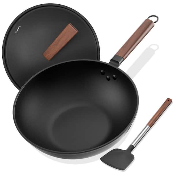 13 in. Carbon Steel Wok with Black Cover and Silicone Spatula, for Induction, Electric, Gas Stoves