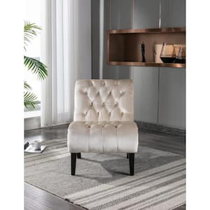 Beige Velvet Accent Chair Tufted Button Living Room Sofa Chair Ergonomic Chair Polyester Upholstery Wood Leg Bedroom