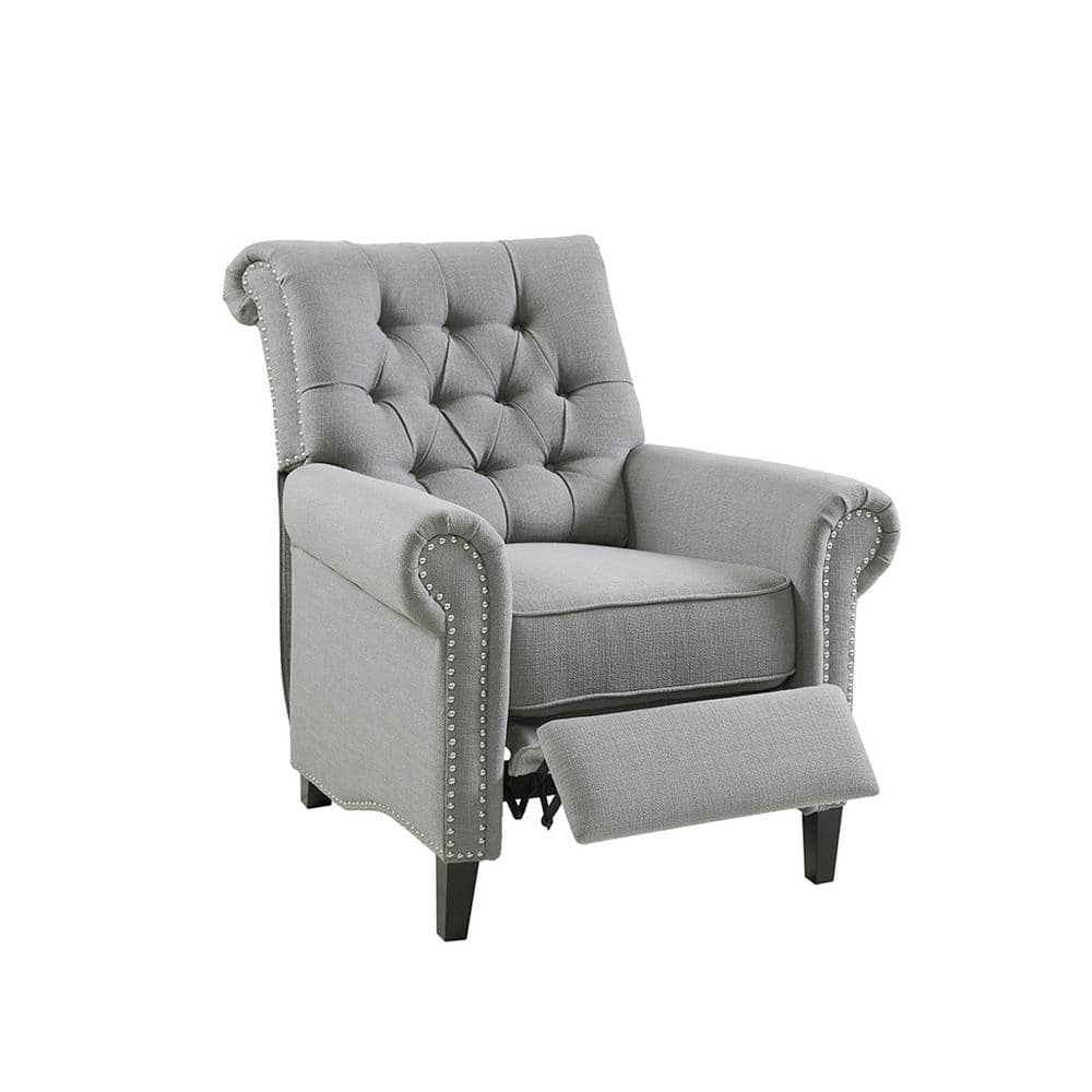Elegant Gray Microfiber Recliner with Tufted Back and Bronze Nailhead Trim