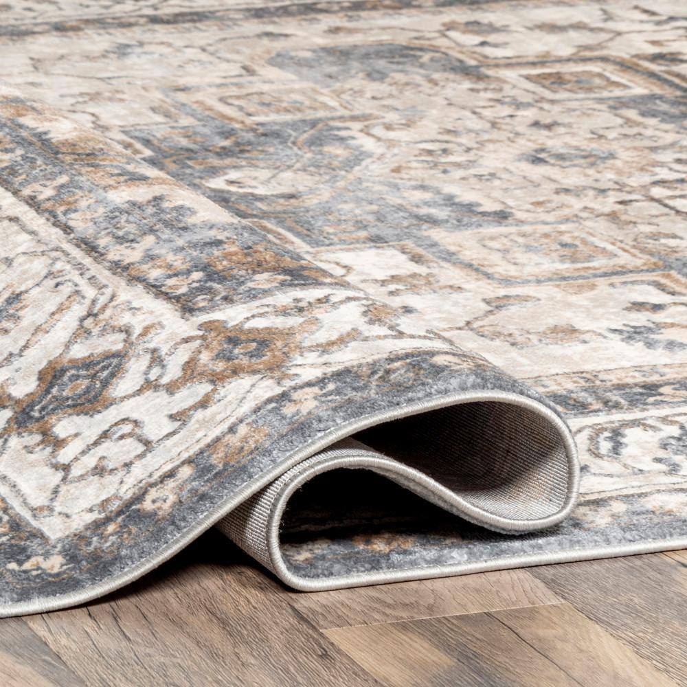 Vintage Medallion Beige and Blue Synthetic Area Rug