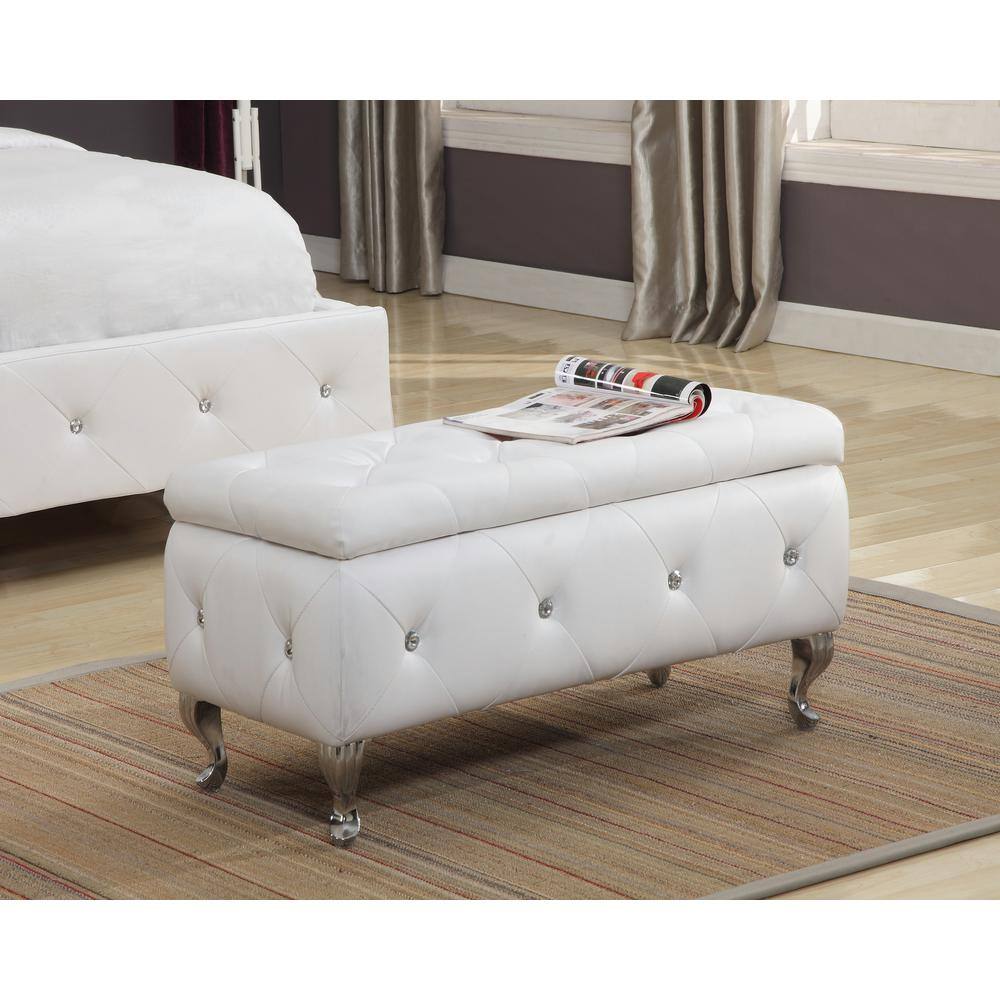 White Vinyl Upholstered Tufted Storage Ottoman Bench