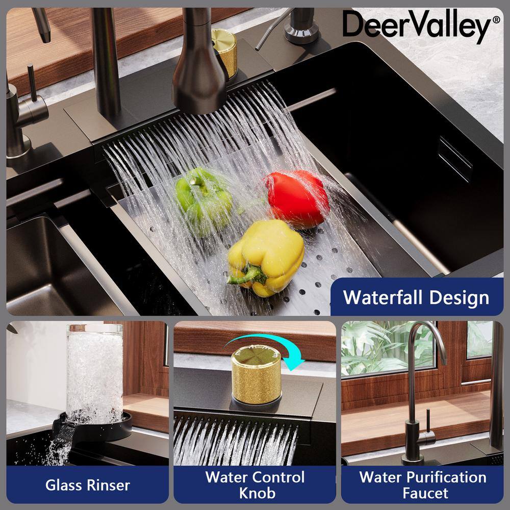 32" Black Stainless Steel Drop-In Single Bowl Kitchen Sink Workstation