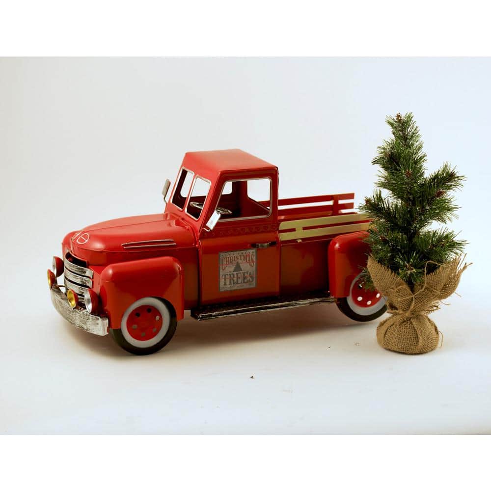 18 in. Red Metal Vintage Truck Decoration with Glossy Finish