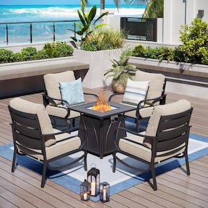 Black Metal Slatted 4 Seat 5-Piece Steel Outdoor Fire Pit Patio Set with Beige Cushions and Square Fire Pit Table