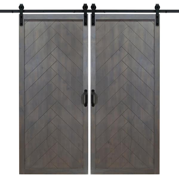 Dogberry 42 in. x 84 in. Ash Gray Herringbone Wood Double Sliding Barn Door with Hardware Kit