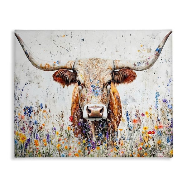 Texas Longhorn Speckled Flowers by Franklyn Gregory 1-Piece Unframed Animal Graphic Art Print 36 in. x 48 in.