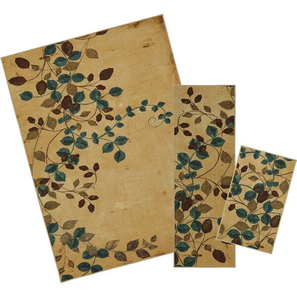 Mohawk Home Plum Vine Tan 5 ft. x 7 ft. Floral Area Rug 3Piece Set 003010