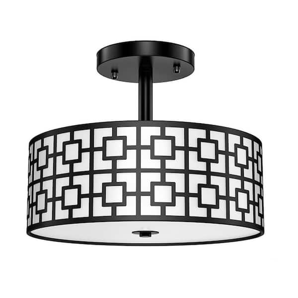 TAIFOND 12.6 in. 3-Light Matte Black Semi Flush Mount Ceiling Light with Drum Shade