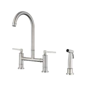 SUS 304 stainless steel Double Handle Bridge Kitchen Faucet with Side Spray in Brushed Nickel
