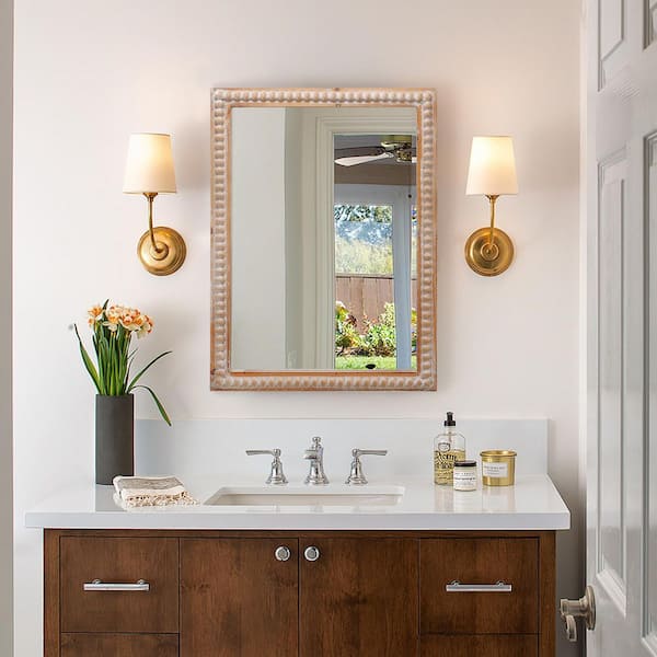 Brown 22 in. W x 30 in. H Farmhouse Rectangle Wood Framed Wall Mirror, Decorative Bathroom Vanity Mirror with Beading