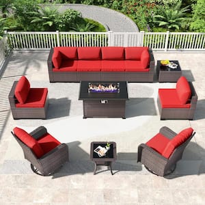 11-Piece Wicker Patio Conversation Set with Fire Pit Table, Glass Coffee Table, Swivel Rocking Chairs and Cushion Red