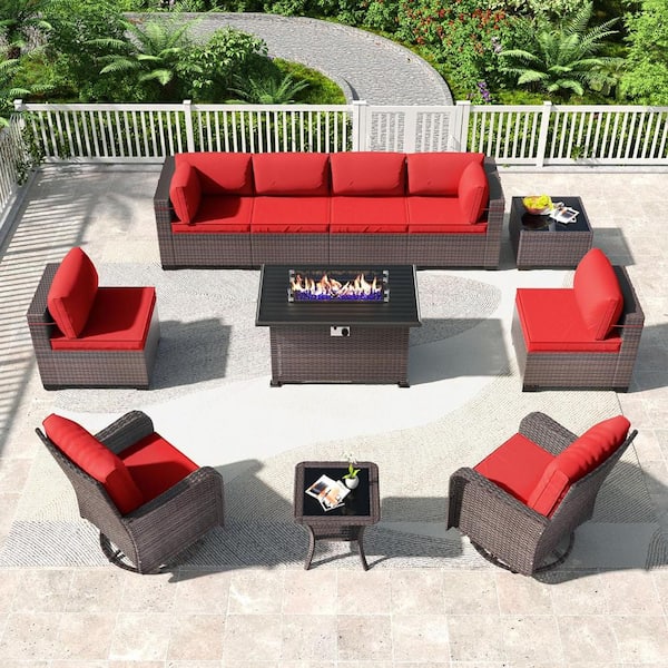 Halmuz 11-Piece Wicker Patio Conversation Set with Fire Pit Table, Glass Coffee Table, Swivel Rocking Chairs and Cushion Red