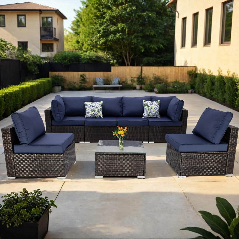7-Piece Light Brown Wicker Patio Outdoor Sectional Sofa with Coffee Table and Dark blue Cushions