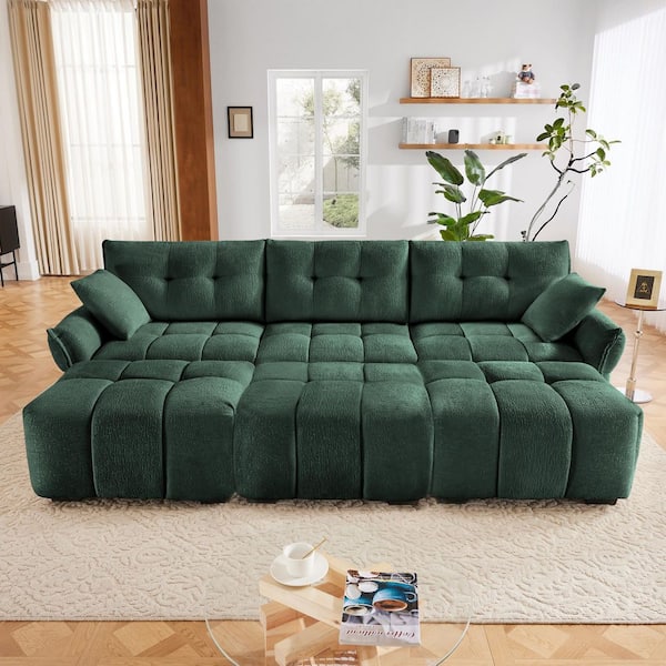 Tina 110.2 in. Flared Arm Chenille Upholstered Rectangle Sectional Sofa in. Green with 3 Ottomans, Throw Pillows