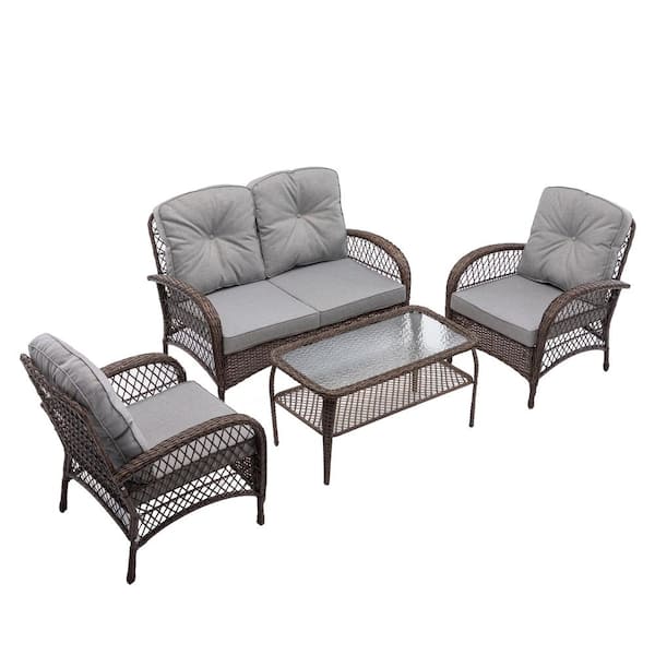 Unbranded 4-Piece Wicker Patio Conversation Set Outdoor Sofa Set with Gray Cushions and Glass Top Coffee Table